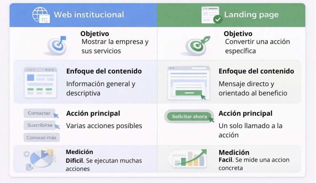 diferencias entre landing page y web institucional en Google Ads