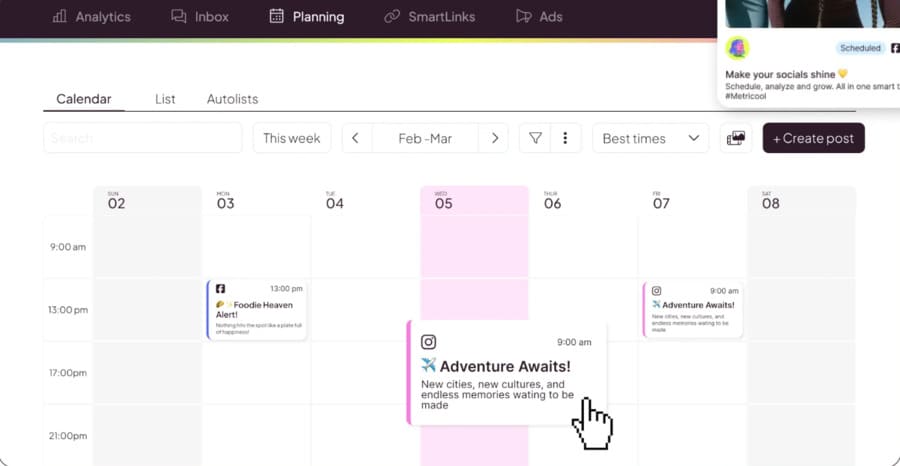 Calendario de planificación de contenido en redes sociales en Metricool